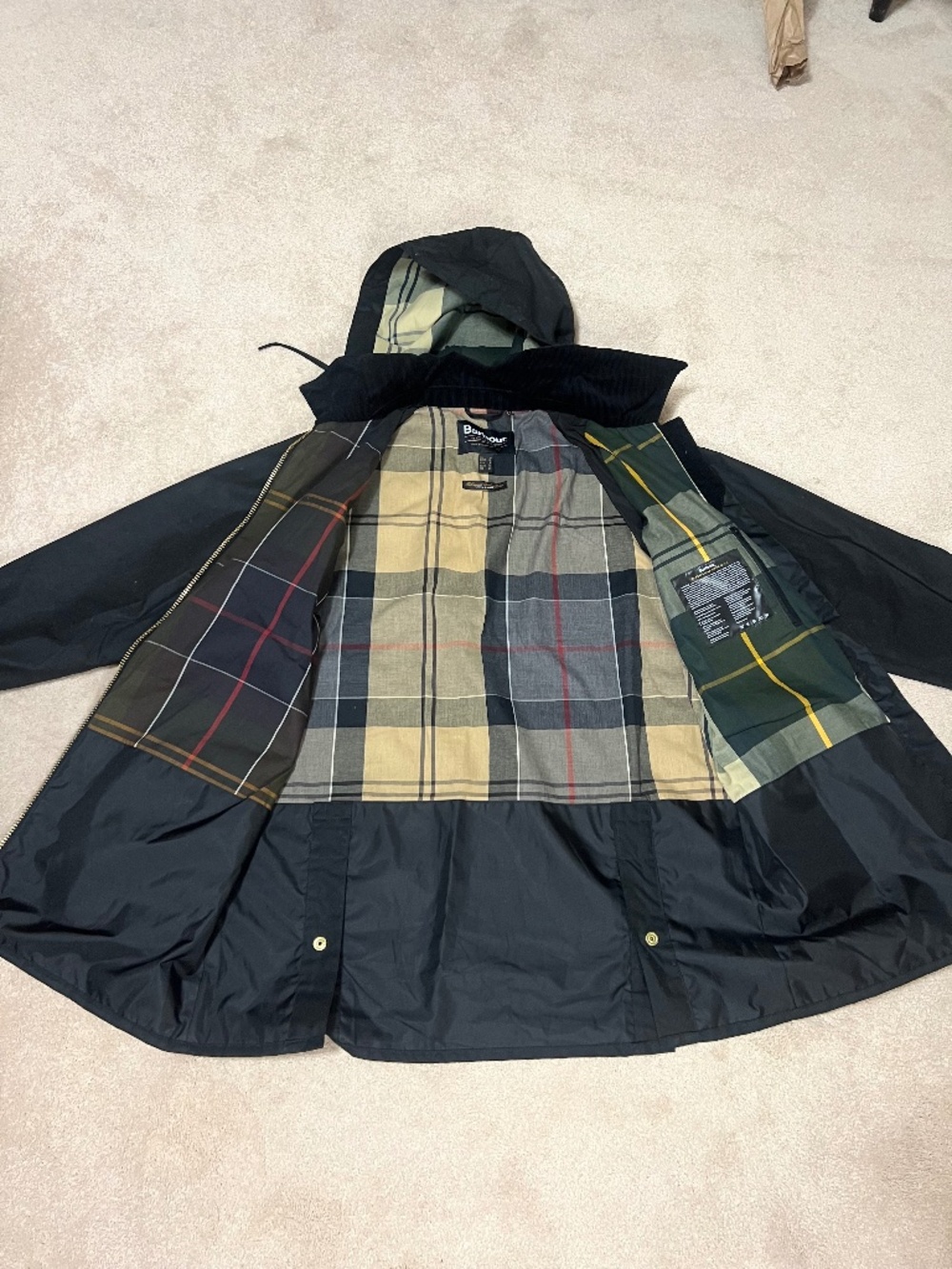 Barbour Navy Hooded Wax Jacket Women’s US 8 UK 12 Tartan Lined - like new